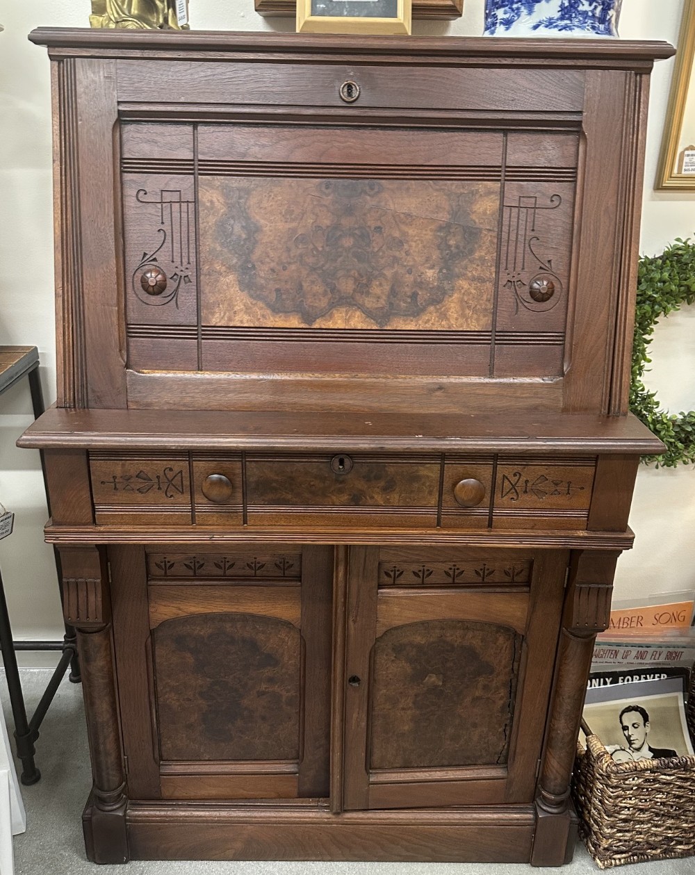 Antiq. Victorian Eastlake Walnut Fall-Front Desk