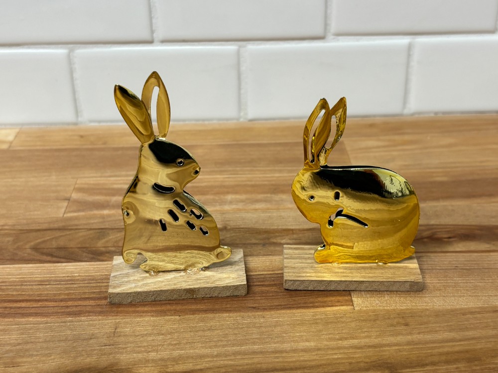 Gold Tone Metal Bunny Rabbit Figurines Pair on Wood Bases Farmhouse