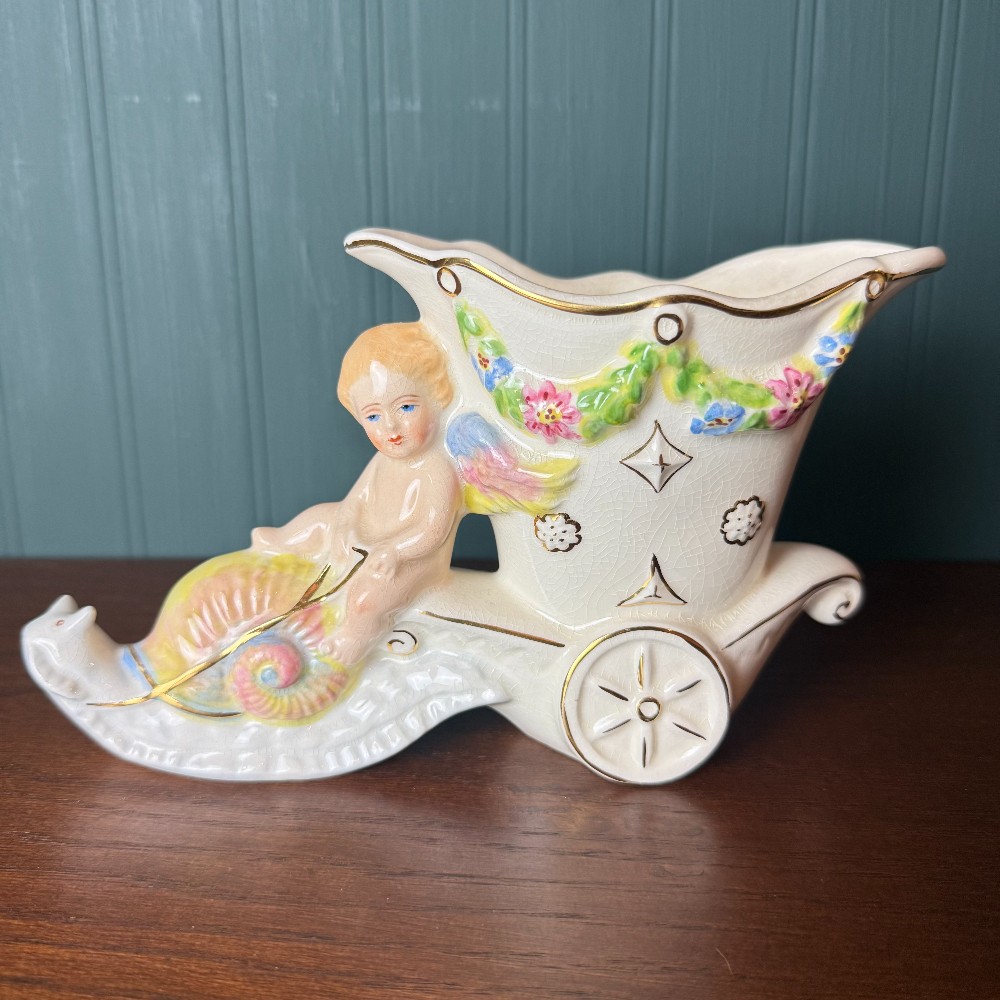 Vintage Vinola Cherub Cornucopia Wagon Planter, Marked & Dated January 1963