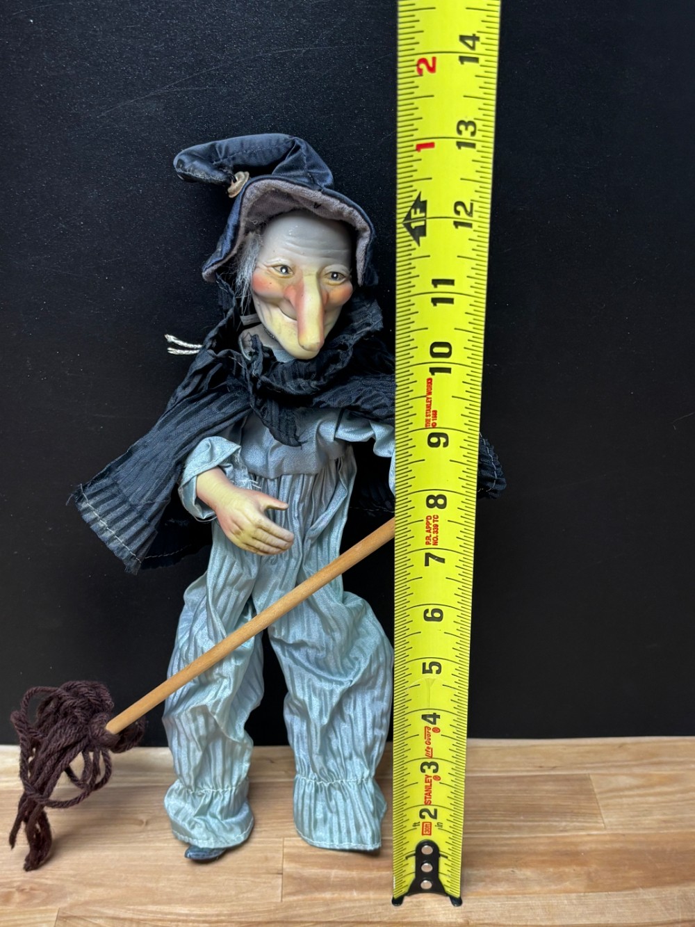 Vintage Kitchen Witch Doll Hand Painted Ceramic Poseable Halloween Broom 13 Inch