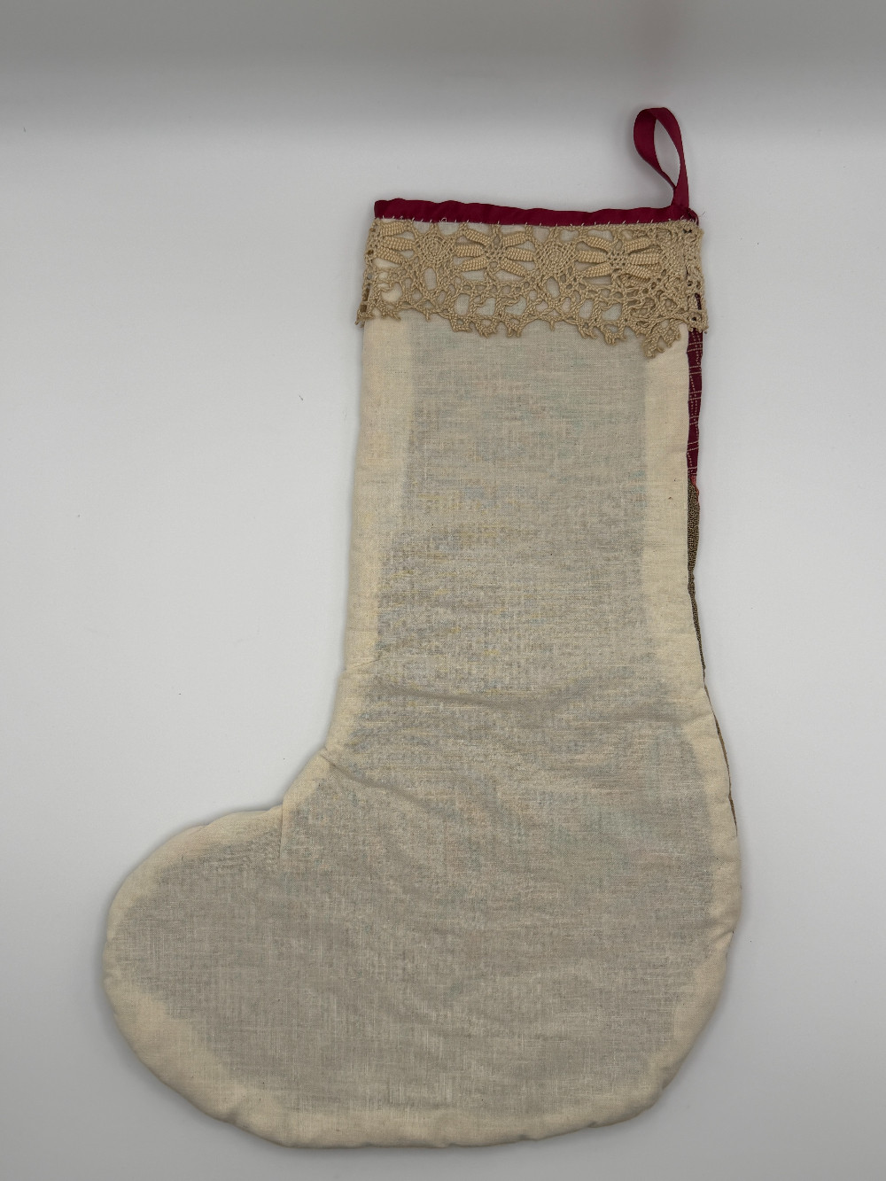 Handmade Vintage Burgundy Patchwork Quilt Fragment Christmas Stocking