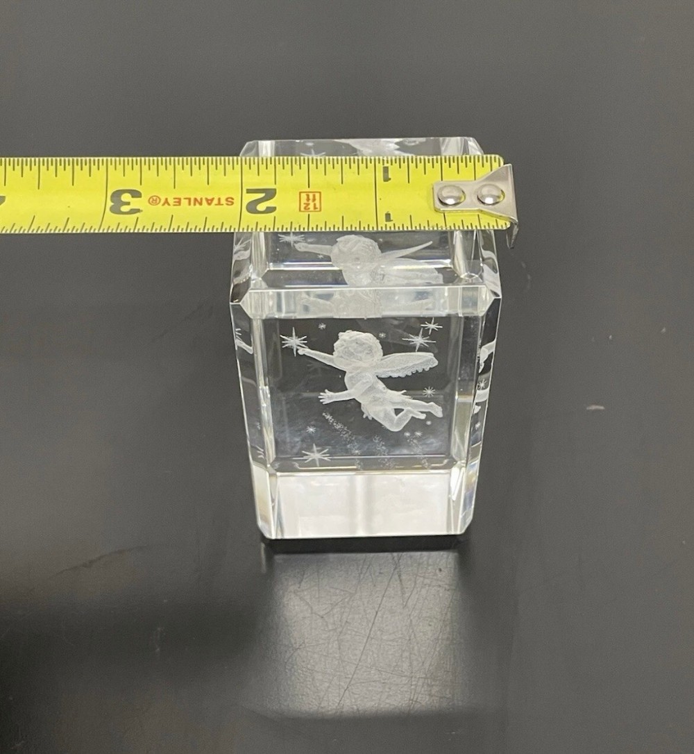 Crystal Art Glass 3D Laser Engraved Flying Cherub Paperweight Figurine Block