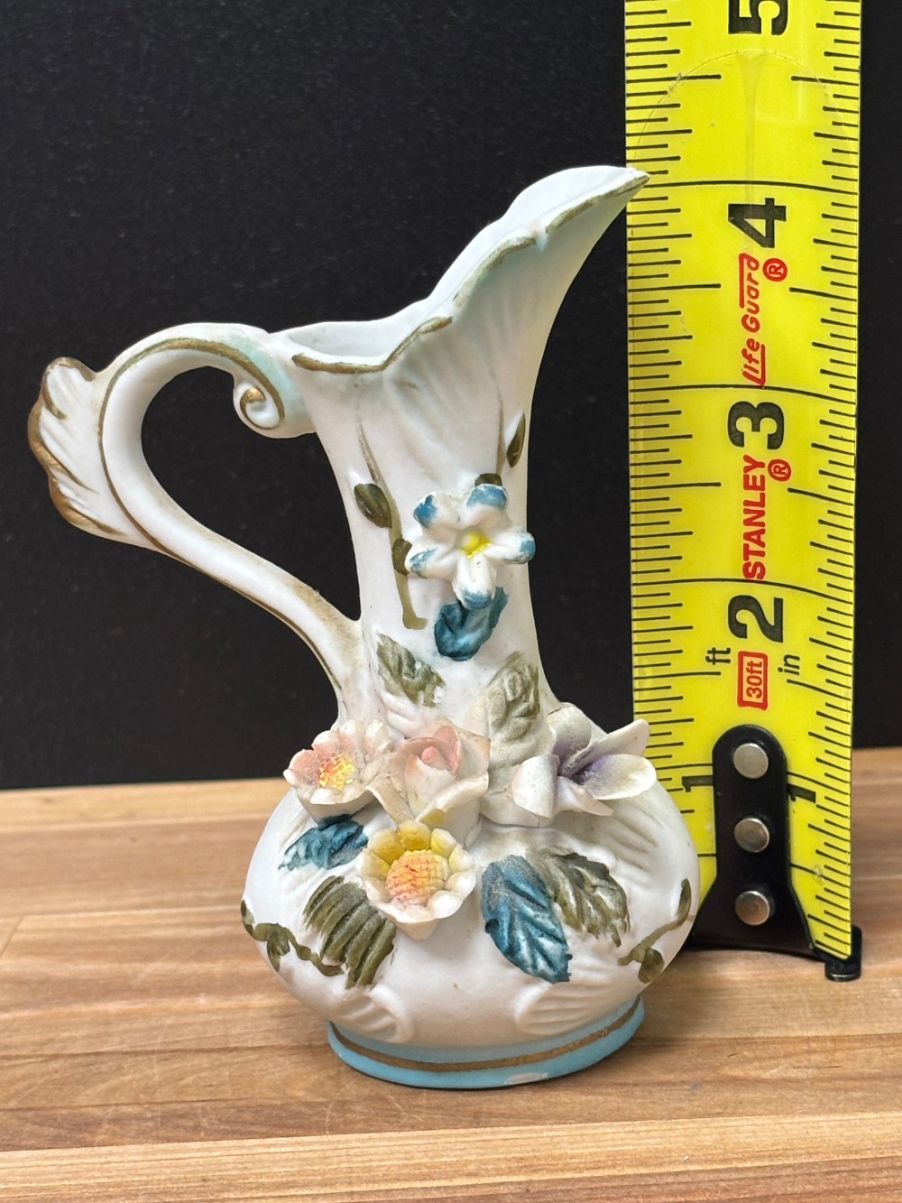 Vintage Ceramic Bisque Floral Ewer Pitcher Applied Flowers Gold Trim 4 Inch