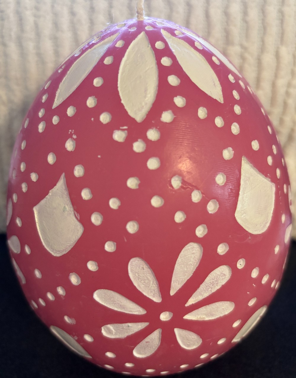 Pottery Barn Easter egg candle pink w/white carvings