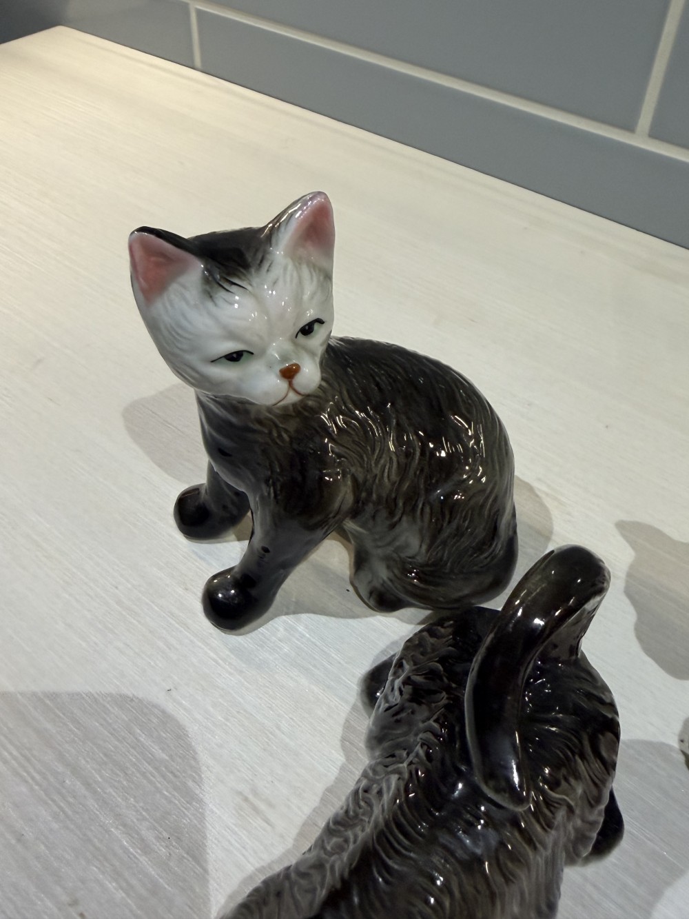 Vintage Gray & White Ceramic Cat Figurines Set of 3