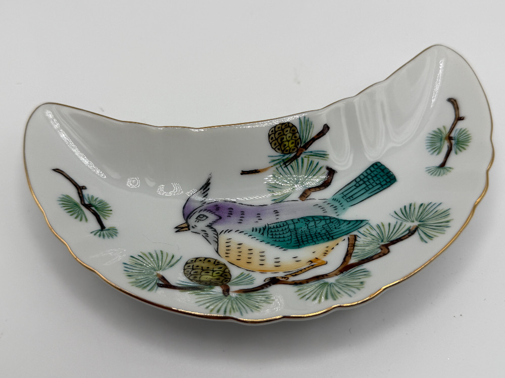 Vintage Porcelain Crescent Bone Dish – Blue Jay & Pinecone Pattern
