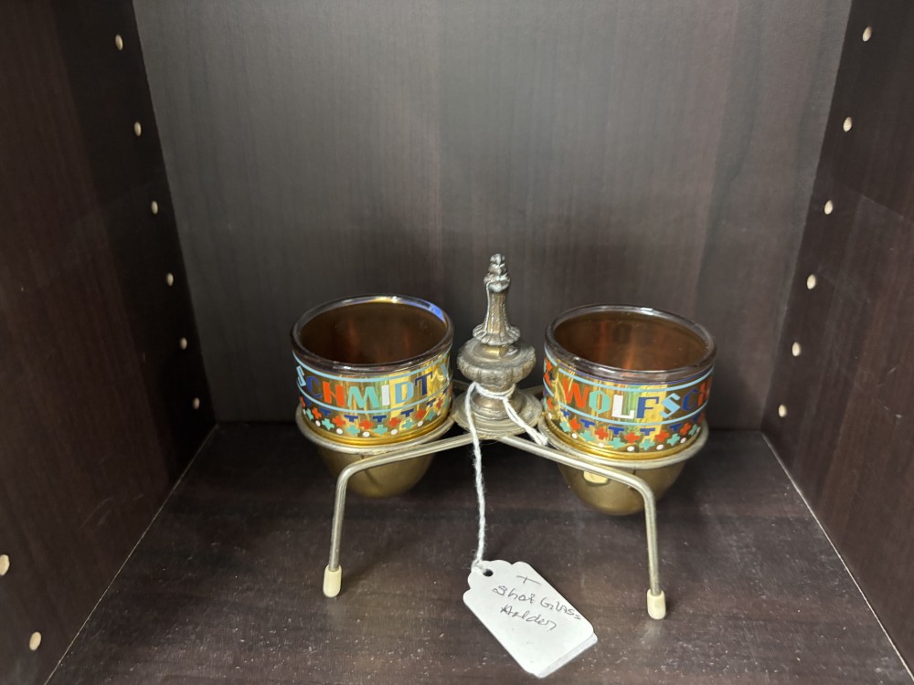 Vintage Mid-Century Shot Glass Holder with Schmidt’s & Wolfschmidt Advertising Shot Glasses