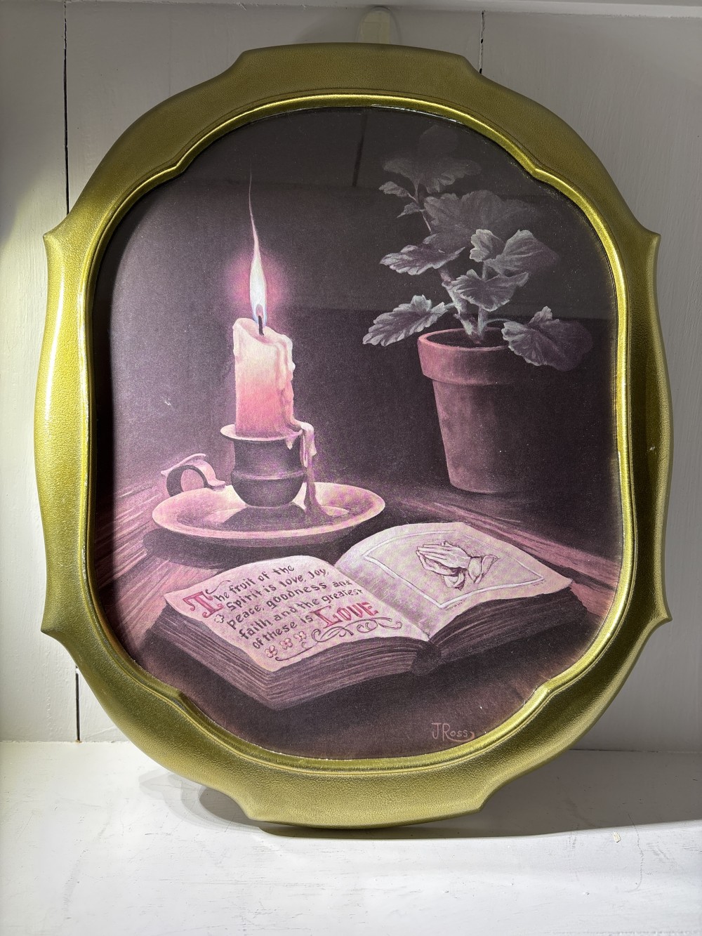 Vintage J Ross Picture Home Interior Gold Metal  Fruit of the Spirit is Love