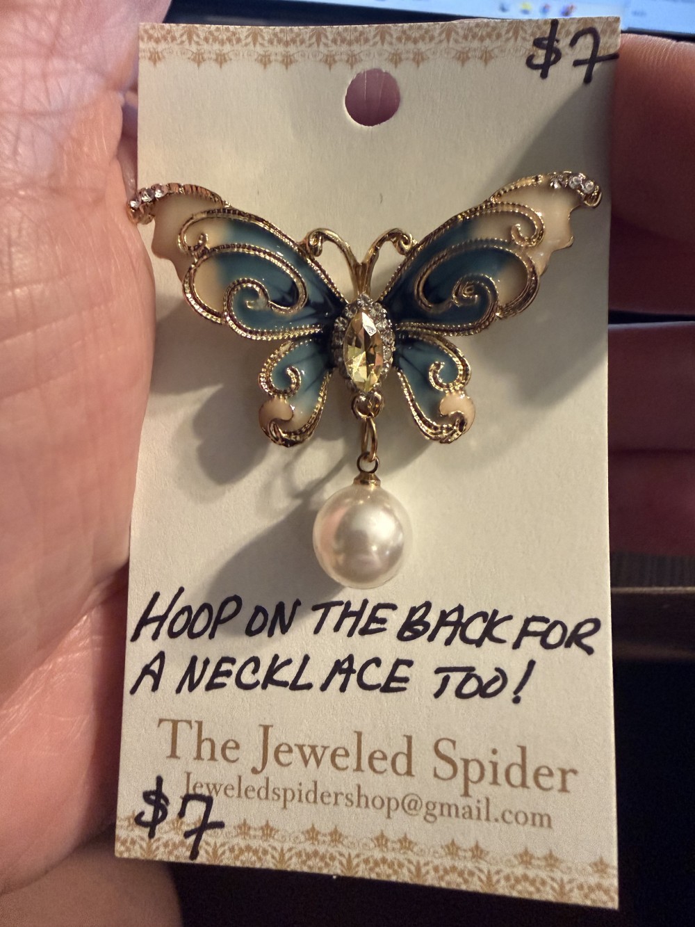 Brooch Pin- Blue Enamel Butterfly with Pearl