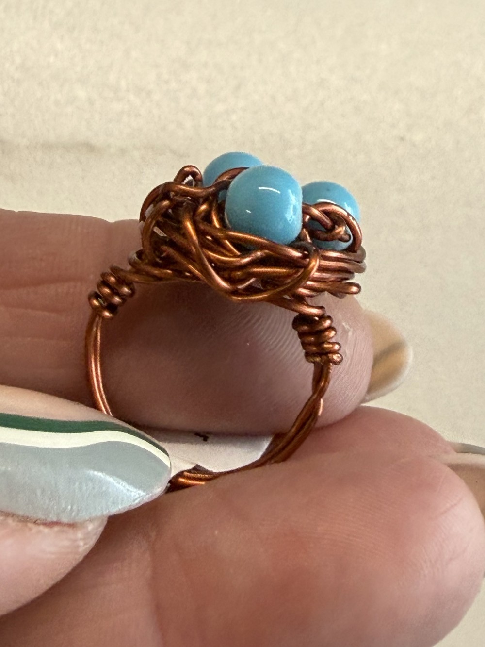 Ring - Bird Nest Brown Wire Wrapped Three Teal Eggs
