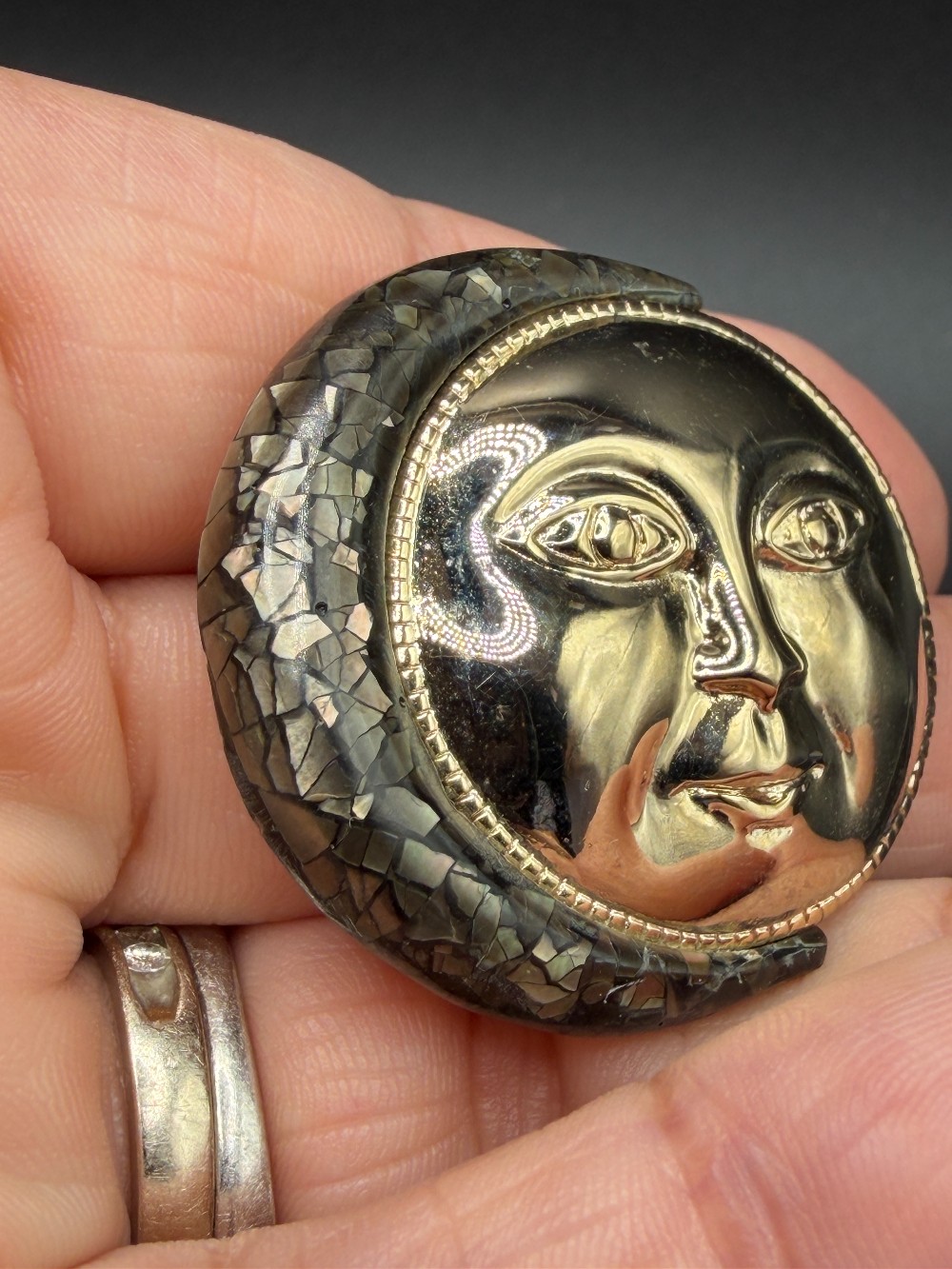 Signed Vintage 1990s Liz Claiborne Celestial Moon Face Mosaic Shell Brooch Pin