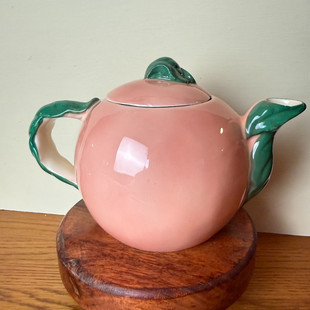 Pink Ceramic Peach-Form Teapot with Cherries & Blackberries