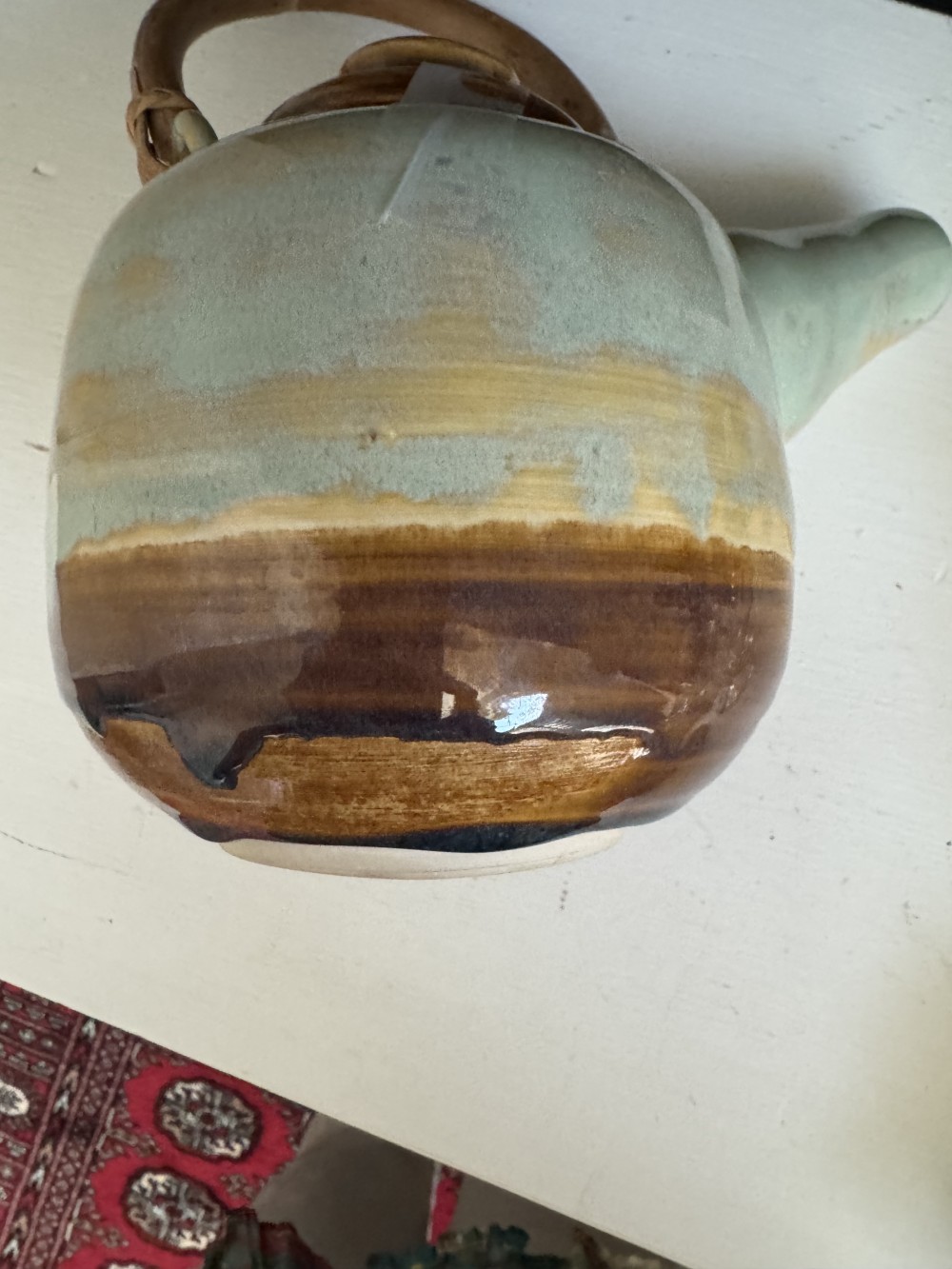 POTTERY TEAPOT, GREEN/BROWN BAMBOO HANDLE