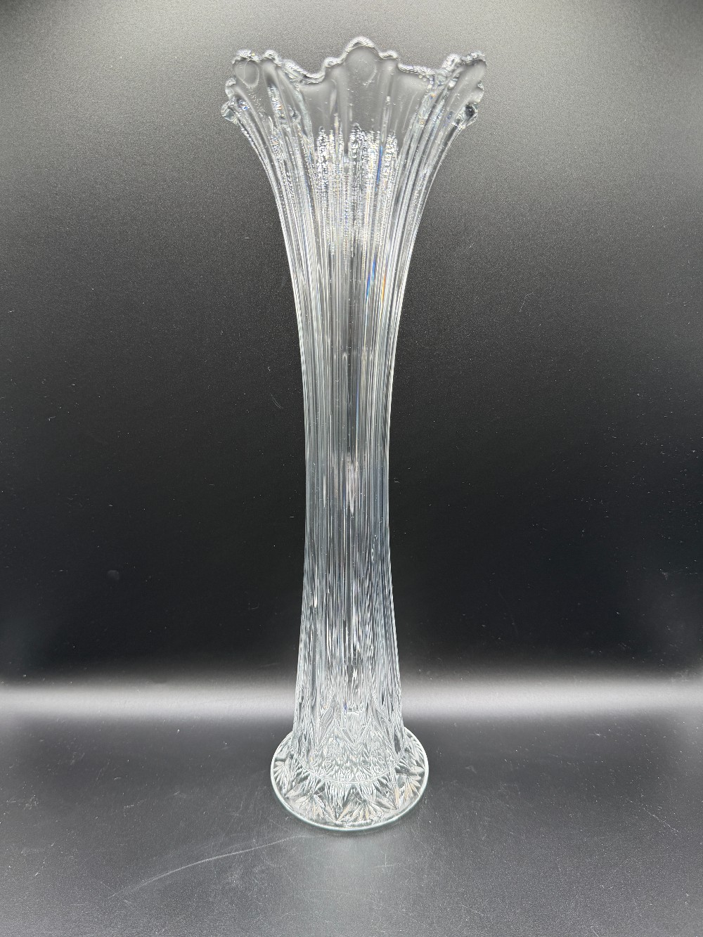 Clear Glass Ribbed Top Swung Vase with a Pineapple Star Base