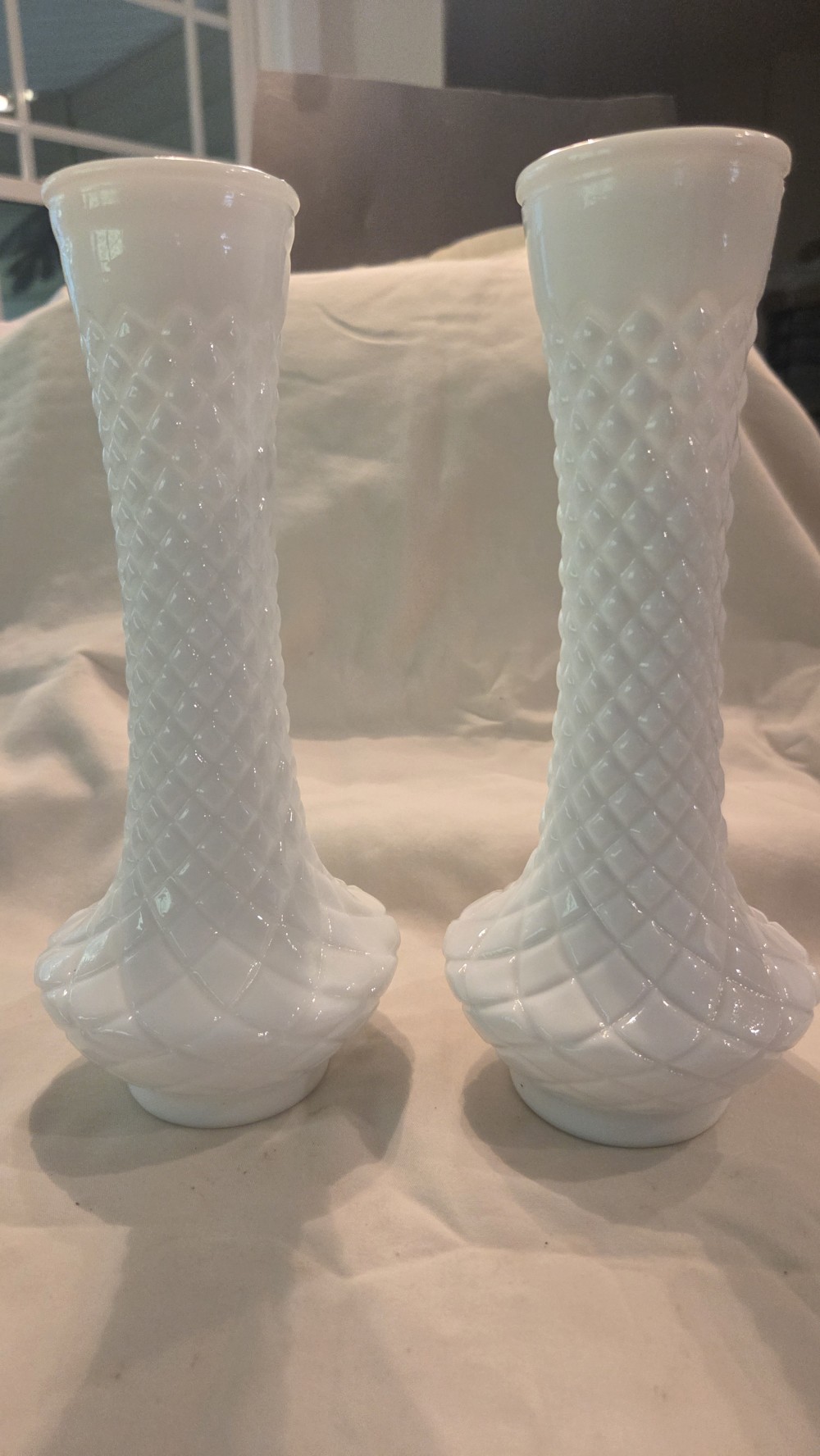 DO-1869 pair vtg milk glass vases