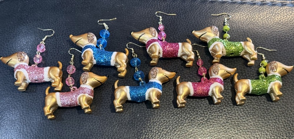 Earrings - Dachshund in Blue Glittered Sweater, Doxie, Dog