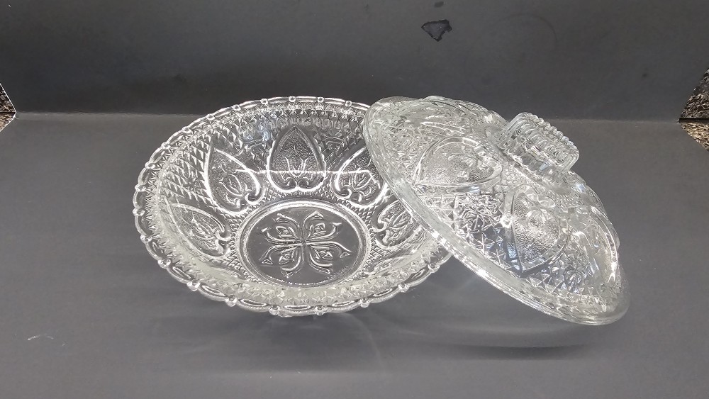 Vintage Kig Malaysia Glass Candy Dish Heart + Bow Pressed Glass Pattern W/Lid