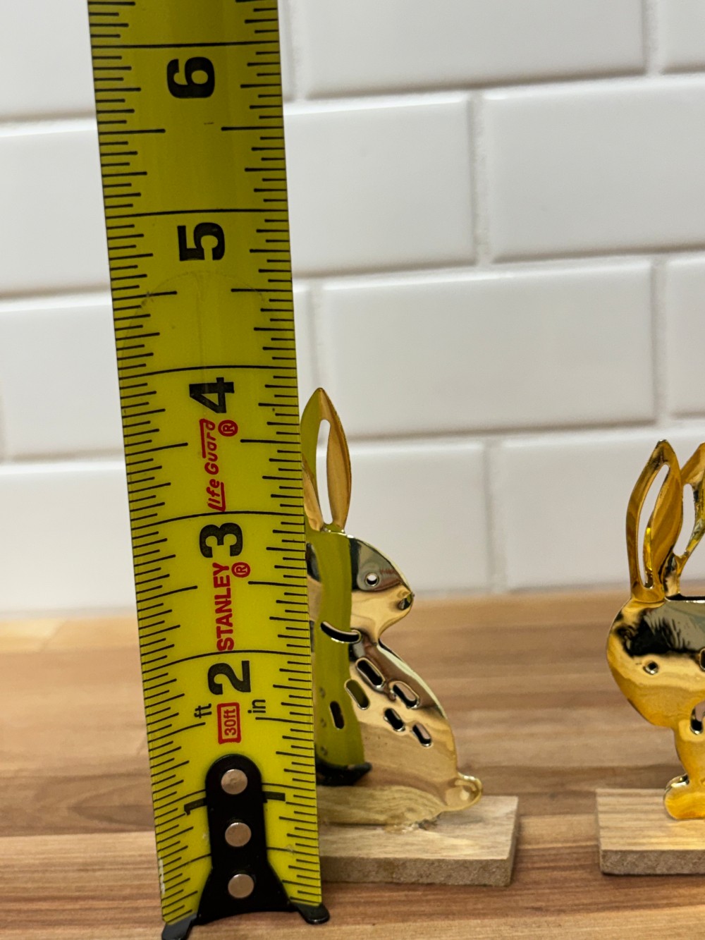 Gold Tone Metal Bunny Rabbit Figurines Pair on Wood Bases Farmhouse