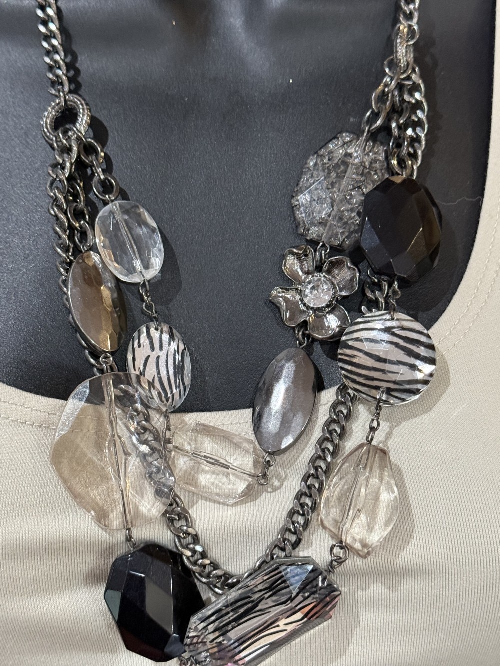 Necklace Chunky Blk & Zebra Bead Gunmetal Multi Strand