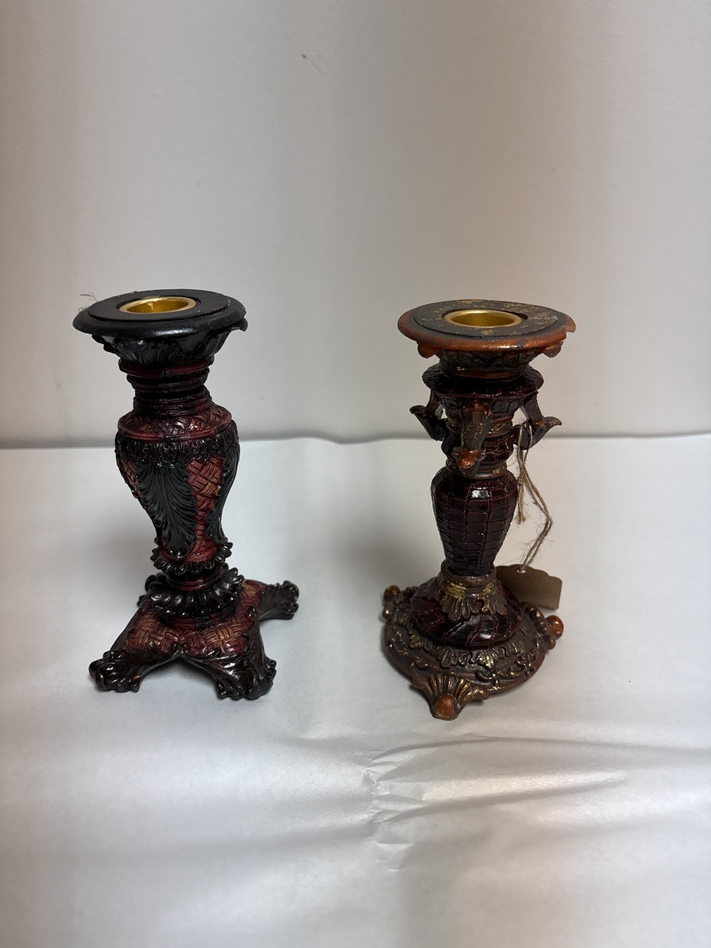 Set of 2 Taper Candle Holders - Red and Gold Resin ~6 inch H