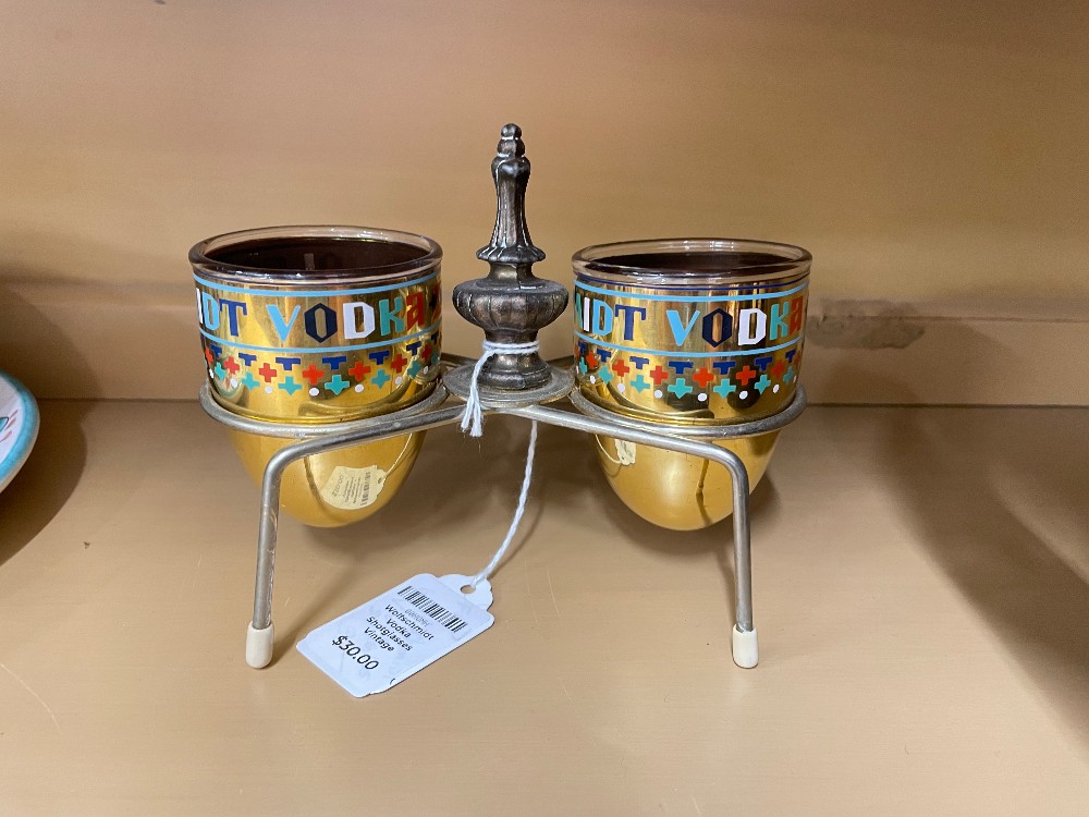 Vintage Mid-Century Shot Glass Holder with Schmidt’s & Wolfschmidt Advertising Shot Glasses