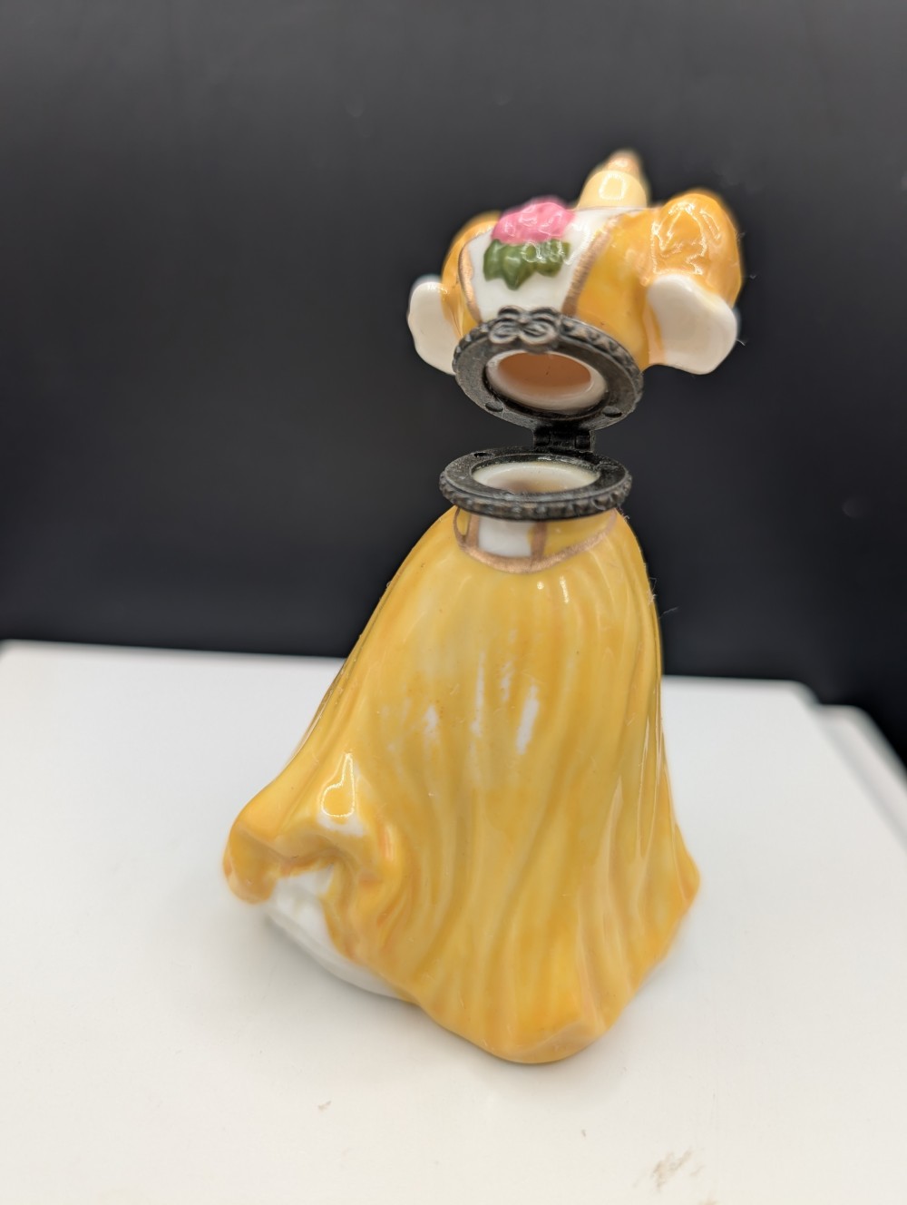 Vtg porcelain yellow dress trinket box
