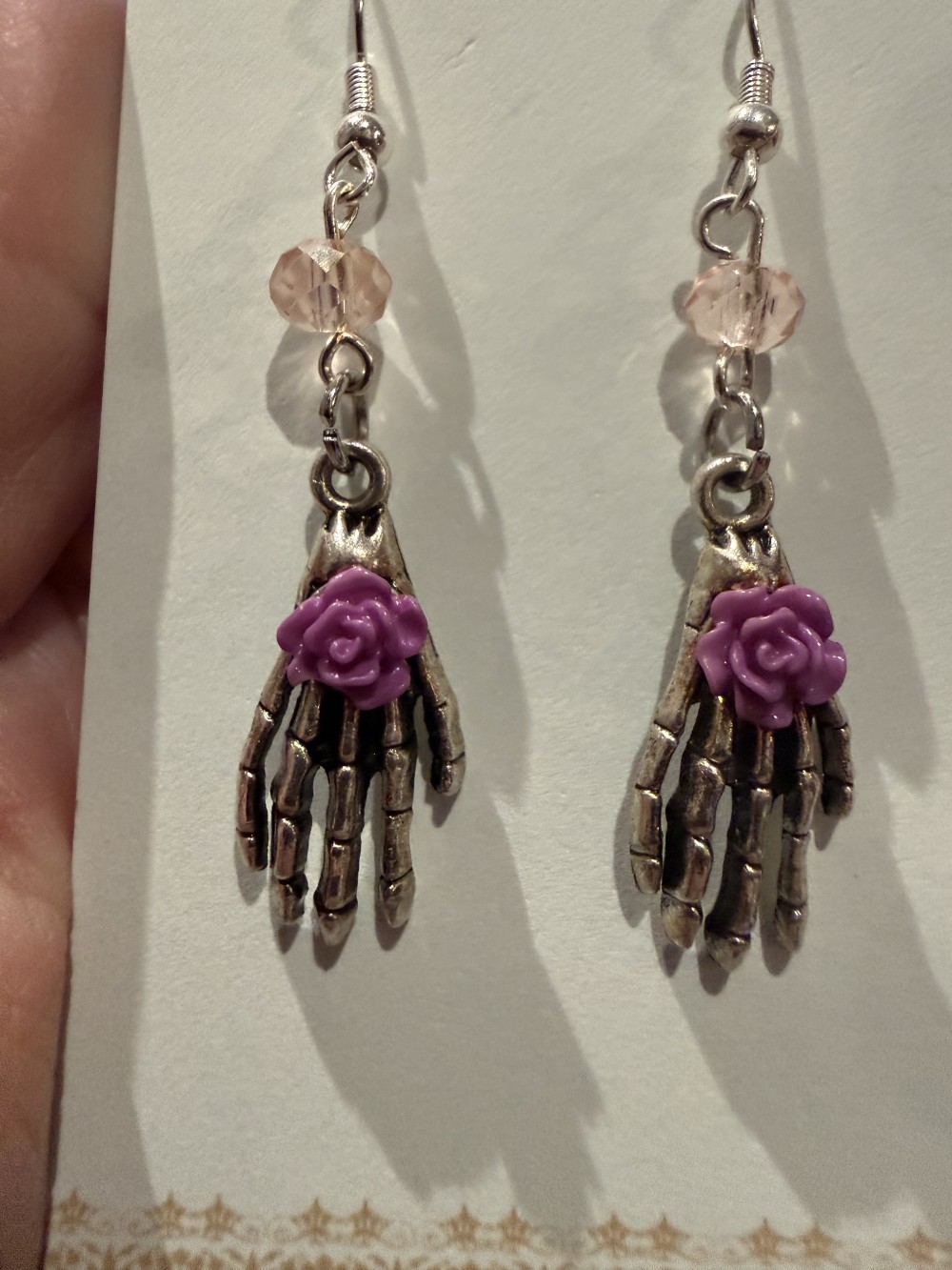 Earrings - Skeleton Hands Purple Rose