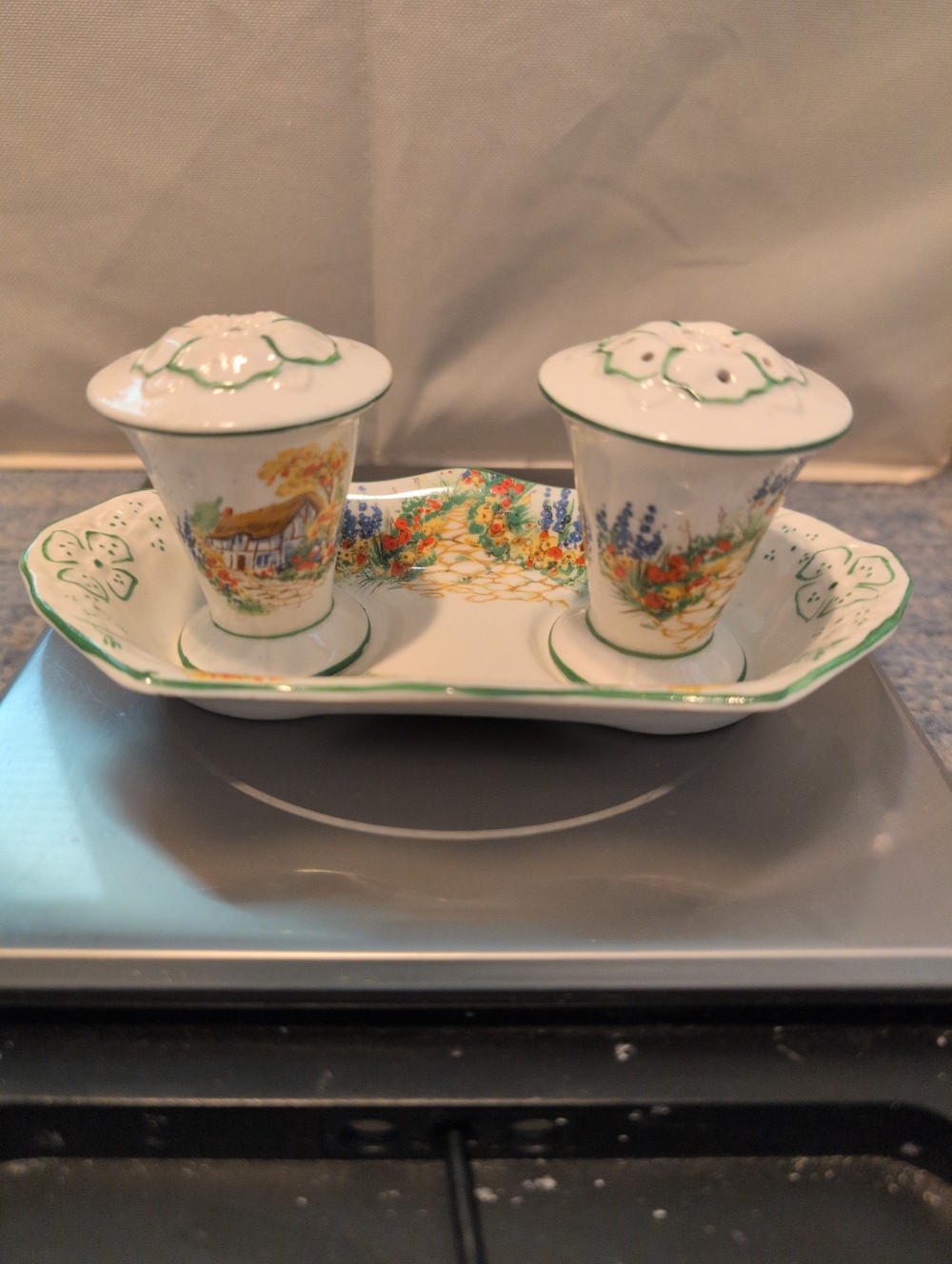 Vintage s&p with tray, no stoppers, James Kent Ltd. Made in Great Britain
