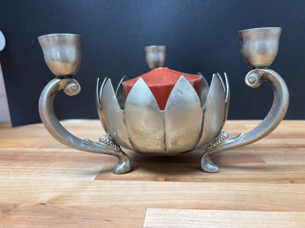 Candle Holder 3 Arm Lotus Flower Centerpiece Vintage Silverplate Hong Kong With Candle