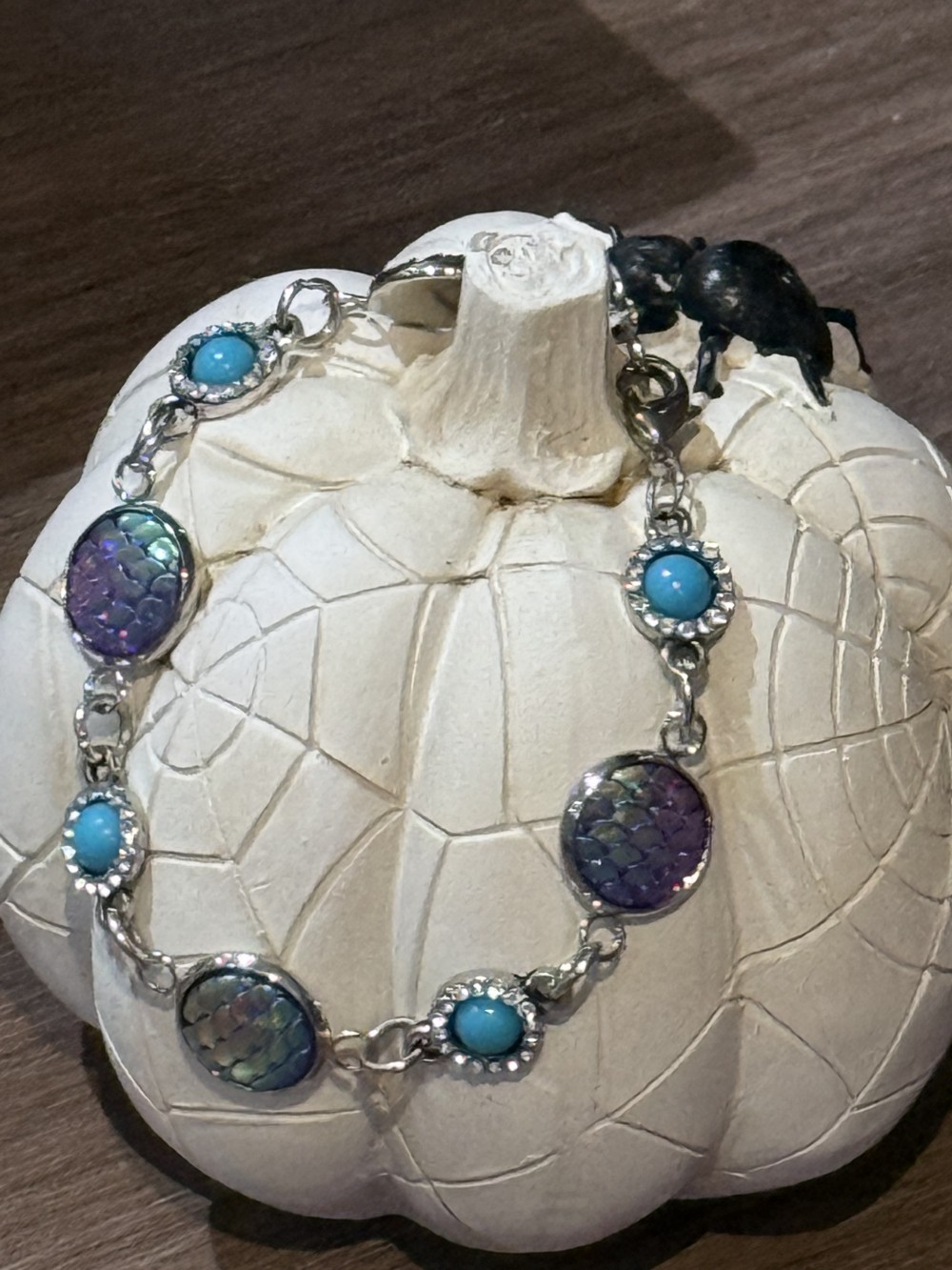 Bracelet Mermaid or Dragon Skin Medallions with Teal & Rhinestone Accents