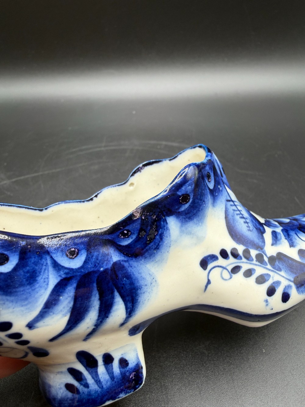 Vintage Gzhel Russian Porcelain Decorative Shoe Figurine