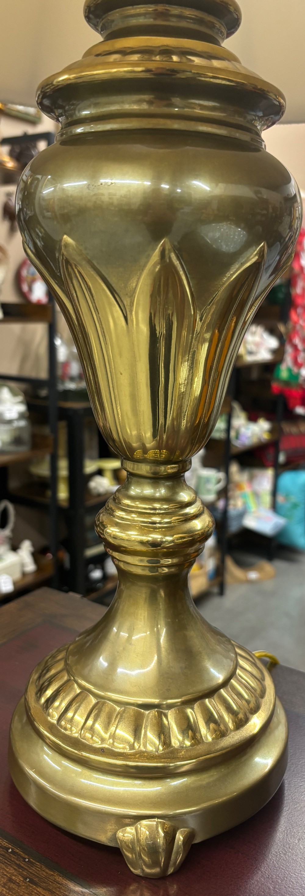 Pair of brass table lamps w/floral textured shades