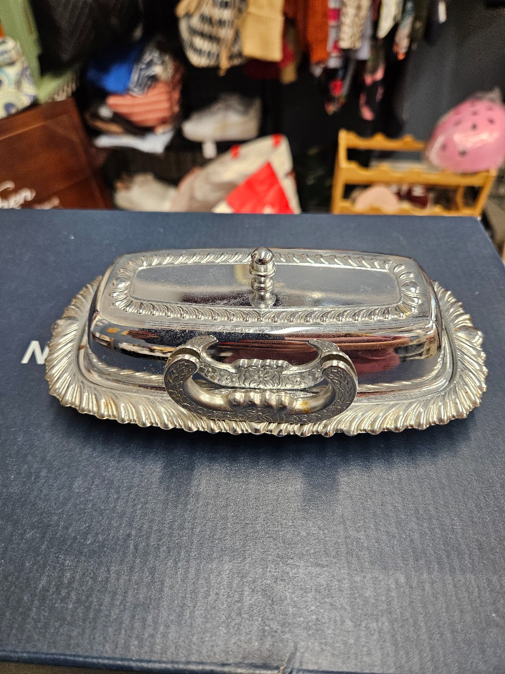 Vintage Irvinware butter dish with ornate rope edge and chrome-plated metal lid