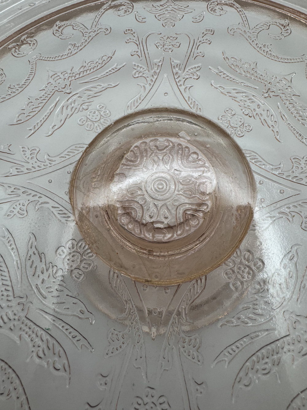 PINK DEPRESSION  GLASS FOOTED CAKE PLATE