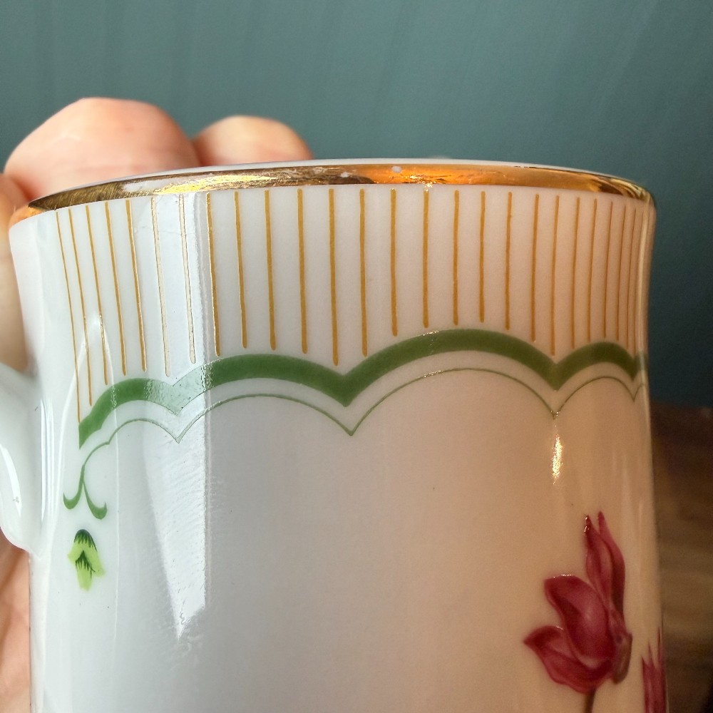 Georges Briard Cyclamen Pattern White Porcelain Mug Gold Trim