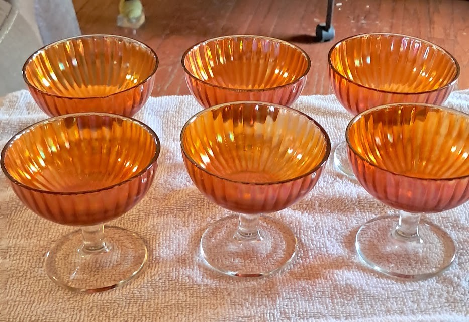 Imperial Gold Carnival Glass Sherbet Glasses, Set of 6 (1920's)