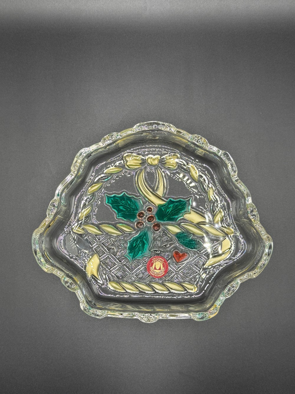 Walther-Glas Germany Christmas Holly Basket Scalloped Serving Bowl
