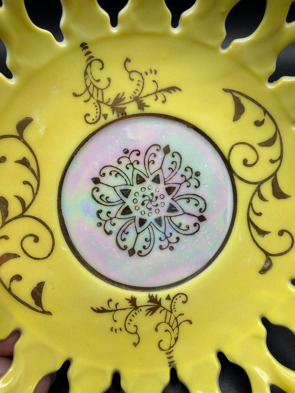 Vintage 1950s Royal Sealy Reticulated Lusterware Saucer – Yellow Porcelain with Iridescent Medallion Center & Gold Filigree
