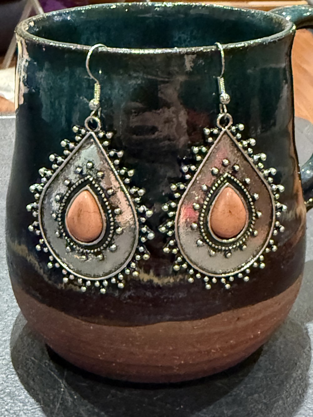 Earrings - Dotted Tear Drop with Stone Center