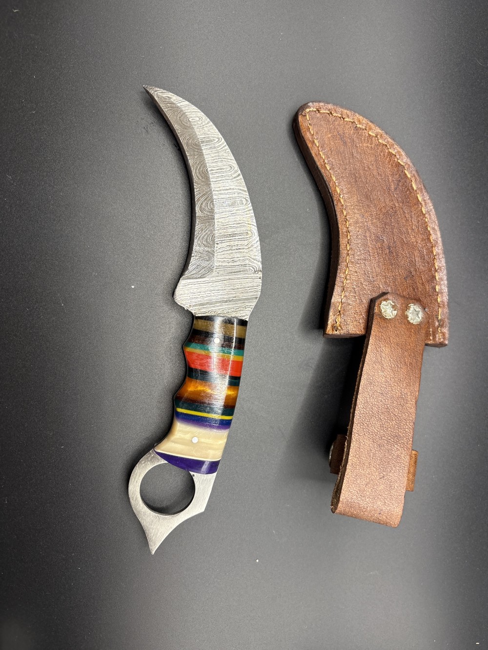 Damascus Hook Bill Knife New With Sheath ~8 in L