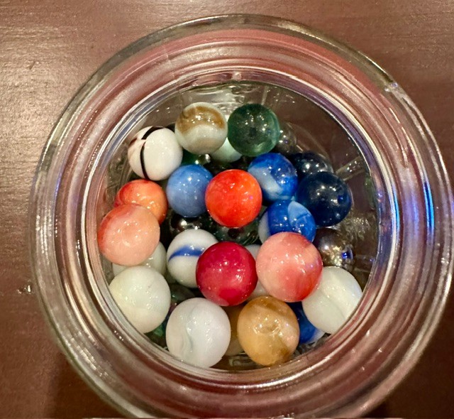 Vtg Glass Marbles in Jar 40 ct