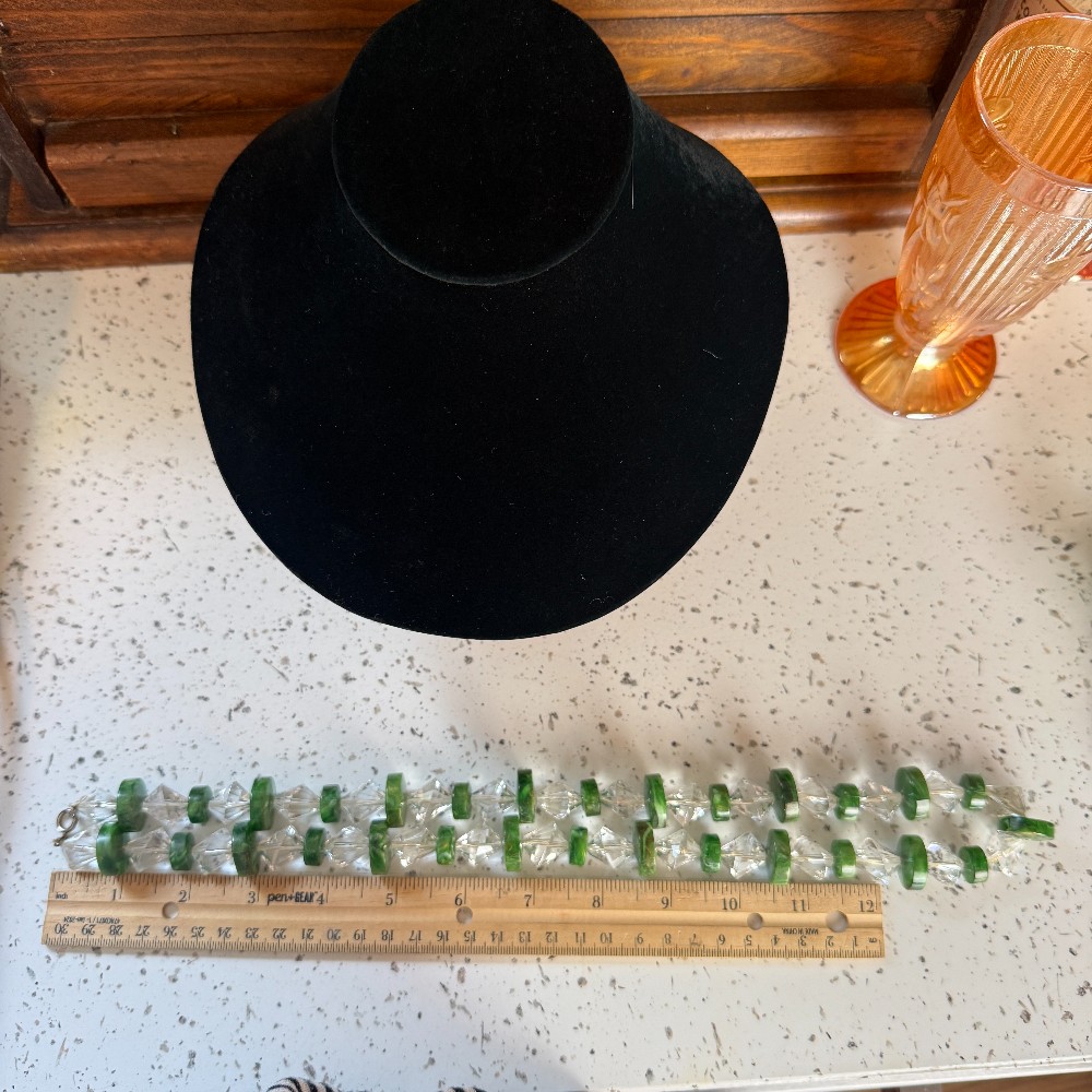 Vintage Green Marbled Bead and Crystal Long Flapper Necklace