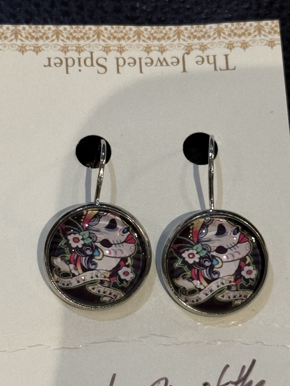 Earrings - Female Skull Profile w Rose Cameo Round, Day of the Dead