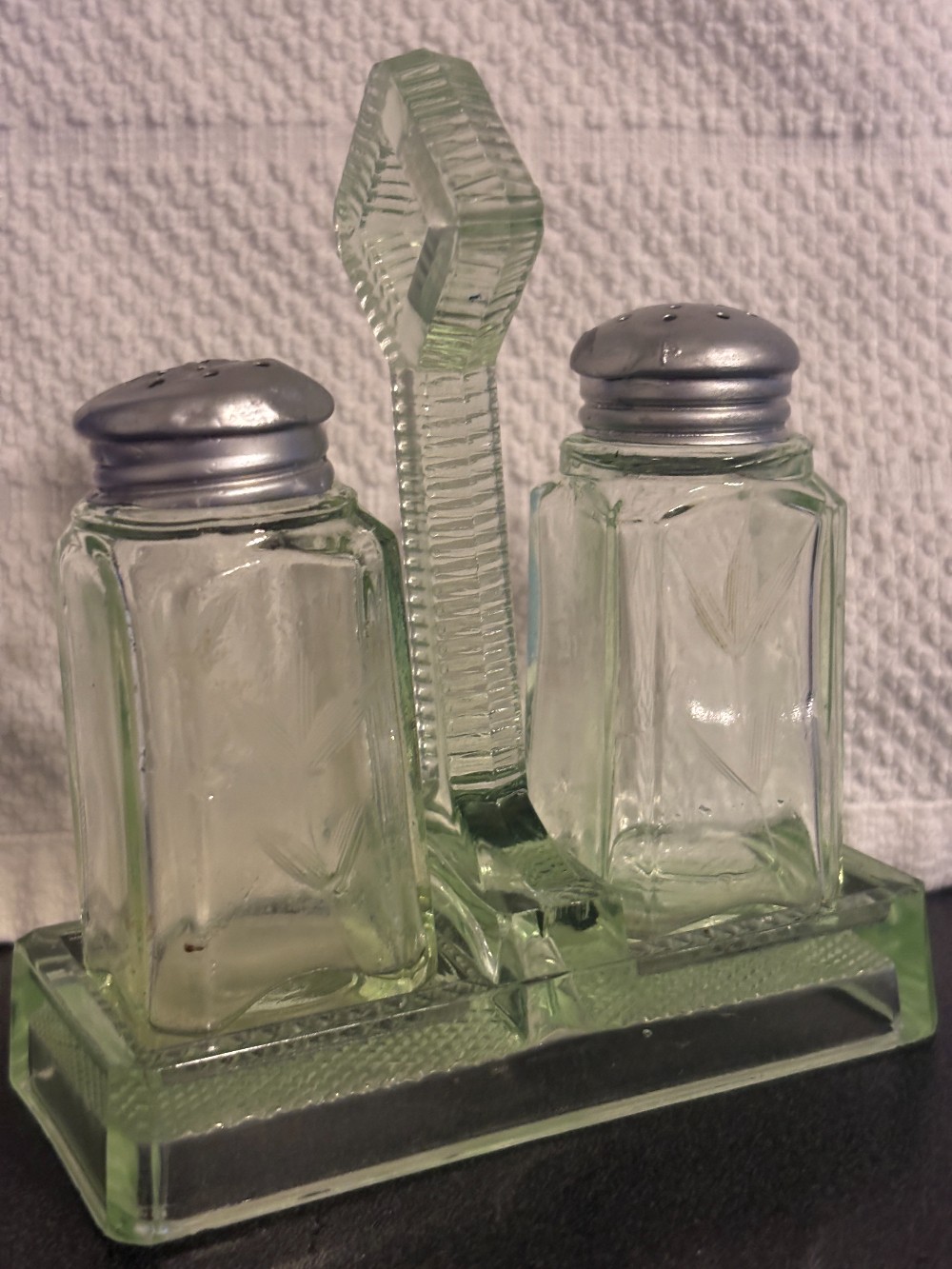 Green uranium depression glass “Etched Flower” salt & pepper w/caddy