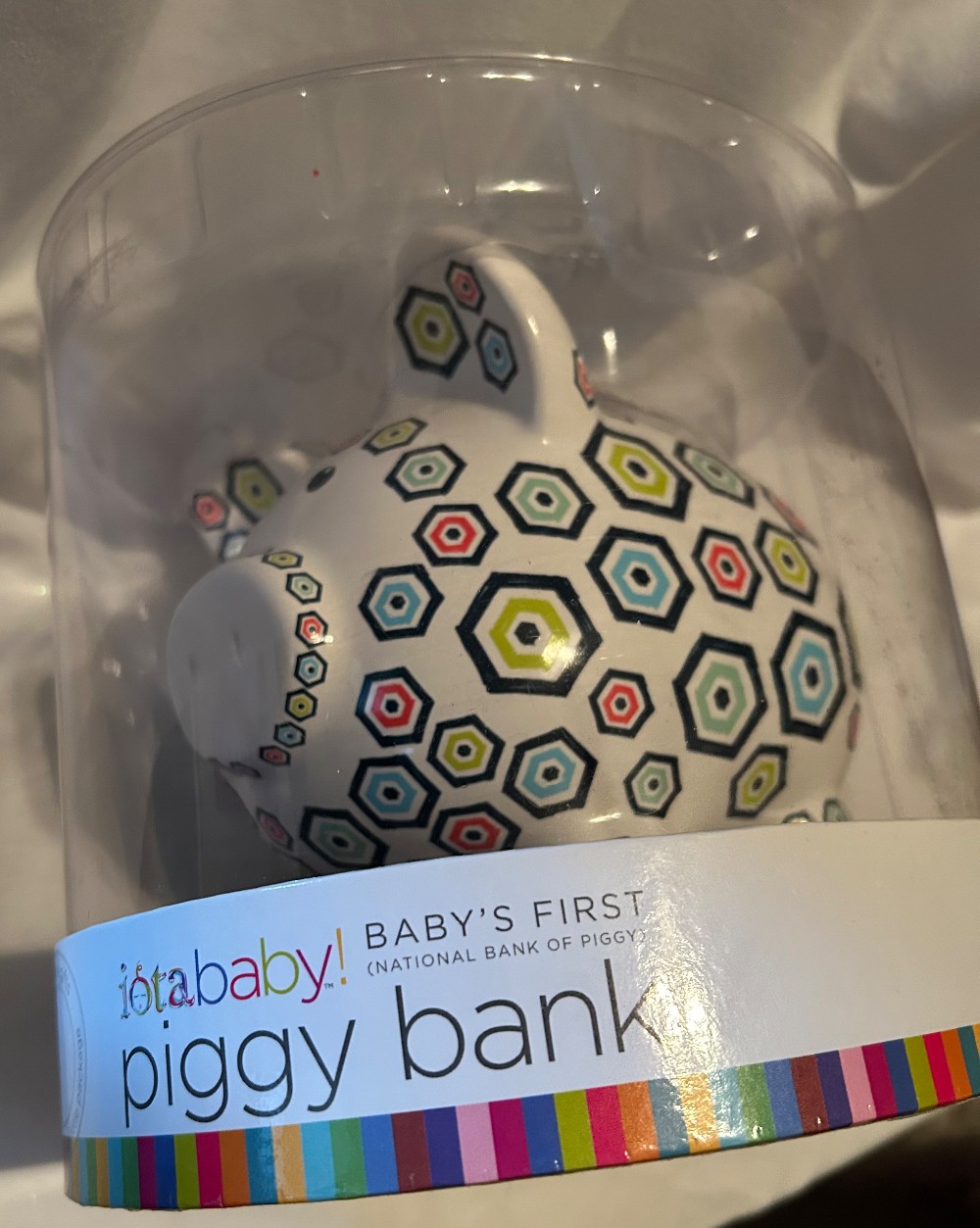 VTG Baby’s First Piggy Bank - C.R. Gibson - White Ceramic Geometric Hexagon pattern - Pig - Piggy Bank - NIB - See pics