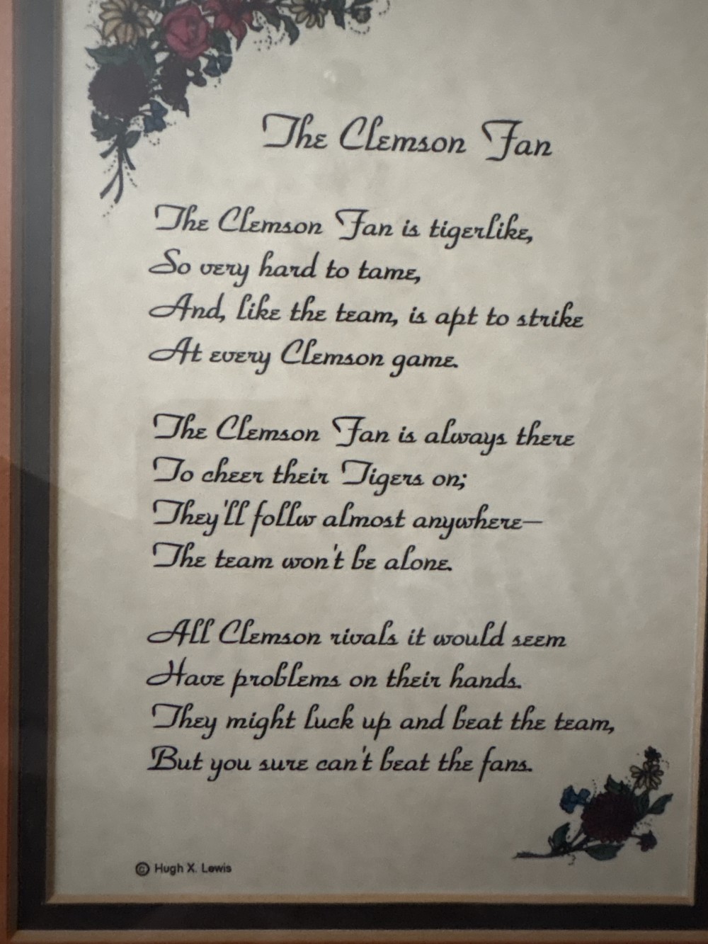 The Clemson Fan Framed Poem by Hugh X Lewis ~13