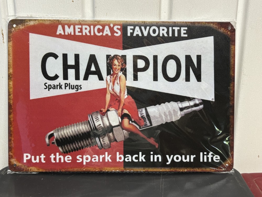 Champion Spark Plugs Pin-Up Girl Retro Tin Sign 8” x 12”