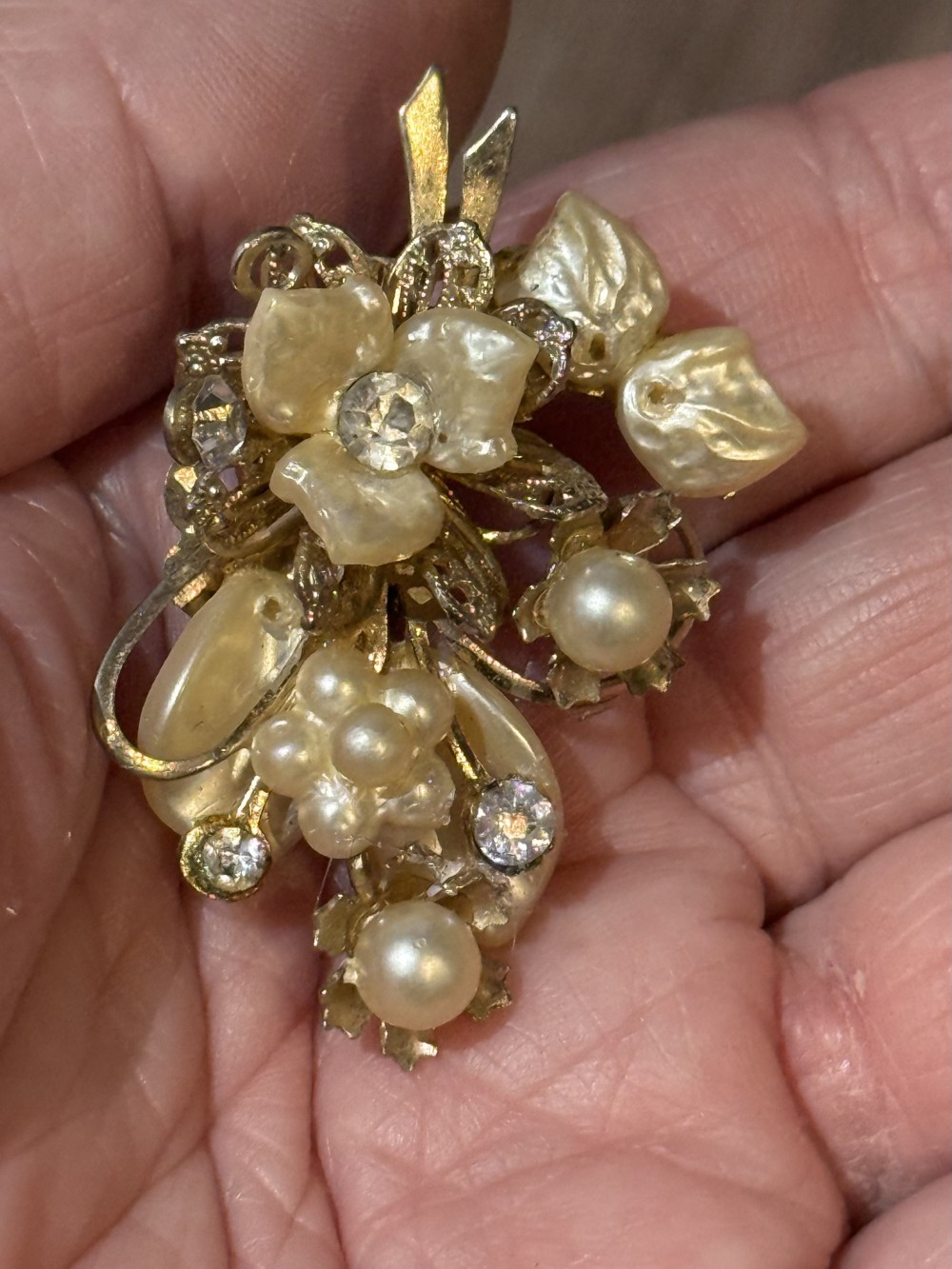 Vintage Floral Pearl and Rhinestone Gold Clip on Earrings
