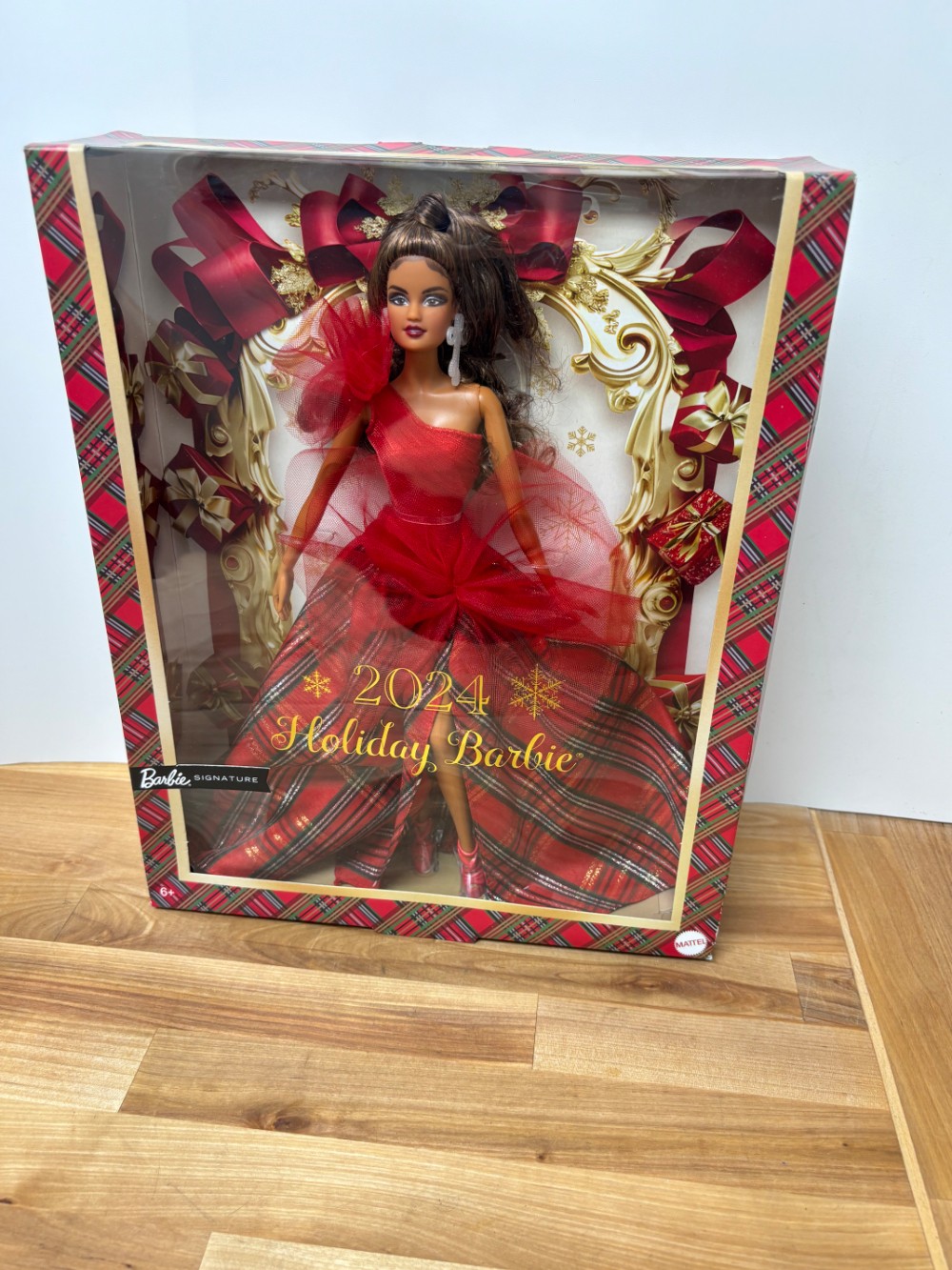 2024 Holiday Barbie Signature Brunette Red Plaid Gown Christmas Doll Mattel HRM67 NIB