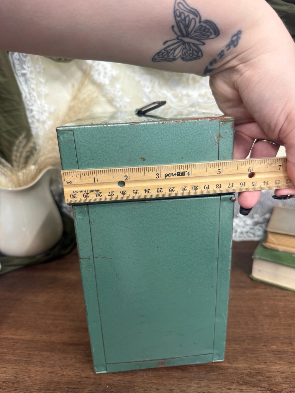 Green Metal File Box with Brass Latch and Handle